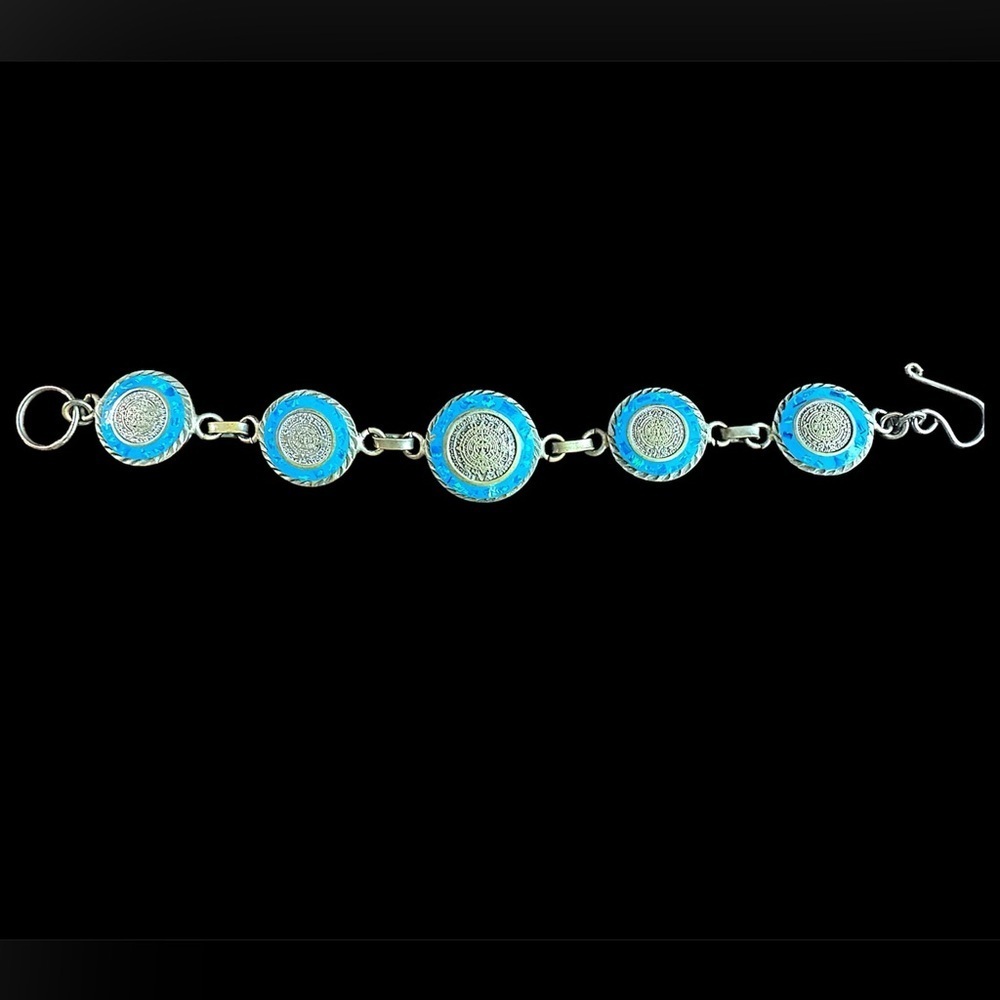 Vintage Blue Fire Opal Aztec Calendar Disc Link Bracelet